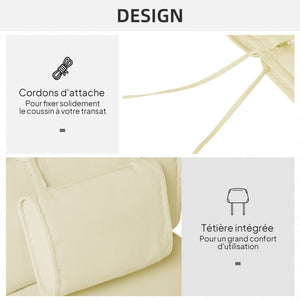 Coussin bain de soleil coussin chaise longue matelas transat déhoussable avec zippé, tétière, cordons d'attache, 198 x 53 x 5 cm, crème