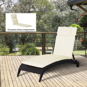 Coussin bain de soleil coussin chaise longue matelas transat déhoussable avec zippé, tétière, cordons d'attache, 198 x 53 x 5 cm, crème