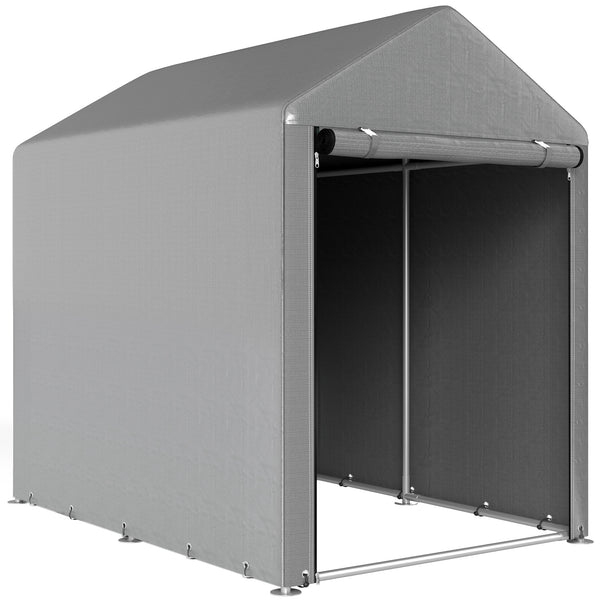 Abri de Jardin avec 2 Compartiments, Tente de Stockage Imperméable, Abri Moto, Porte Enroulable à Fermeture Éclair, Garage pour Vélo, Outils, Moto, Bois, 120x179x165cm, Gris Clair