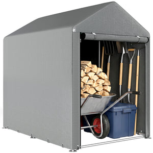 Abri de Jardin avec 2 Compartiments, Tente de Stockage Imperméable, Abri Moto, Porte Enroulable à Fermeture Éclair, Garage pour Vélo, Outils, Moto, Bois, 120x179x165cm, Gris Clair