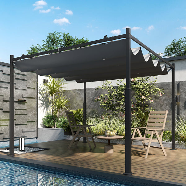 Pergola coulissante rétractable 3 x 3 m pergola jardin exterieur à fixation magnétique, tonnelle de jardin, polyester haute densité 180g/m², abri soleil UPF30+, pour terrasse, patio, gris