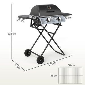 Barbecue gaz transportable pliable, 2 brûleurs 5,6 kW barbecue gaz de camping avec grille de cuisson, étagères latérales, couvercle, thermomètre et roues, pour camping, jardin et balcon noir