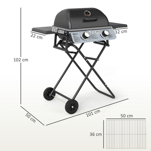 Barbecue gaz transportable pliable, 2 brûleurs 5,6 kW barbecue gaz de camping avec grille de cuisson, étagères latérales, couvercle, thermomètre et roues, pour camping, jardin et balcon noir