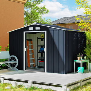 Abri de jardin en métal 5,4 m² cabane de jardin 277 x 195 x 192 cm cabanon rangement outils avec fondation, porte coulissante verrouillables et 4 aérations - gris foncé