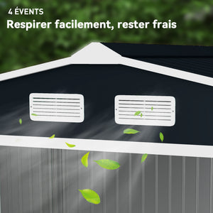 Abri de jardin en métal 5,4 m² cabane de jardin 277 x 195 x 192 cm cabanon rangement outils avec fondation, porte coulissante verrouillables et 4 aérations - gris foncé