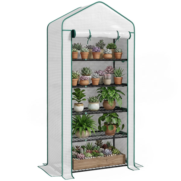 Serre de jardin avec étagères 5 niveaux, serre de balcon, bâche renforcée, châssis en acier, porte zippée enroulable, pour légumes plantes fleurs, 90x49x193cm, blanc