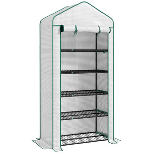 Serre de jardin avec étagères 5 niveaux, serre de balcon, bâche renforcée, châssis en acier, porte zippée enroulable, pour légumes plantes fleurs, 90x49x193cm, blanc