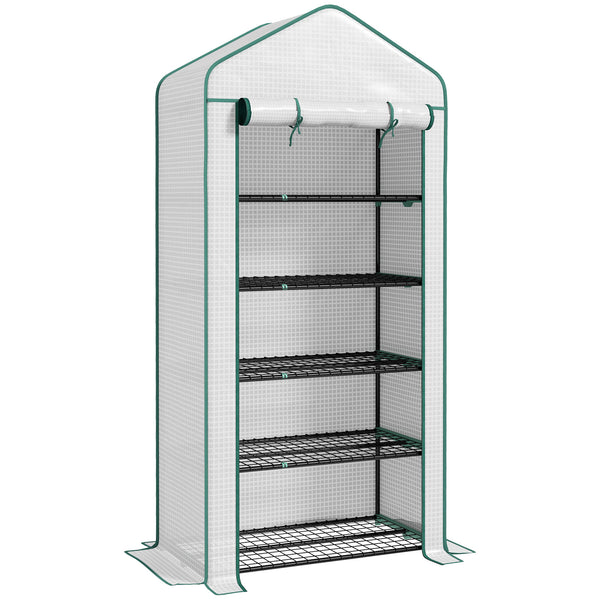 Serre de jardin avec étagères 5 niveaux, serre de balcon, bâche renforcée, châssis en acier, porte zippée enroulable, pour légumes plantes fleurs, 90x49x193cm, blanc