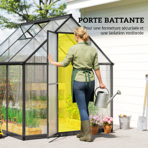 Serre de jardin en aluminium polycarbonate 3 ㎡ 178x168cm, serre avec fenêtre réglable porte battante, abri extérieur résistant aux intempéries pour plante fleur potager semis, transparent