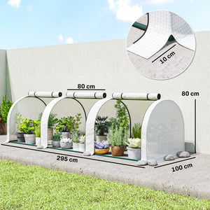 Mini Serre de Jardin Mini Serre Tunnel Serre à Tomates 3 x 1 x 0,8 m Acier Plastique Haute Densité Anti-UV 3 Portes avec Zip Enroulables Blanc