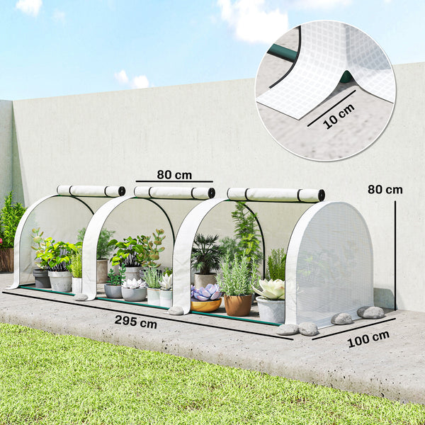 Mini Serre de Jardin Mini Serre Tunnel Serre à Tomates 3 x 1 x 0,8 m Acier Plastique Haute Densité Anti-UV 3 Portes avec Zip Enroulables Blanc