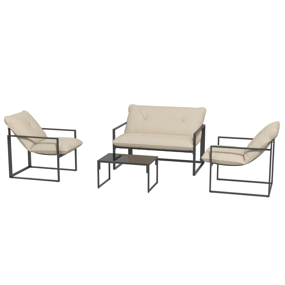 Salon de jardin extérieur 4 pièces avec coussins ultra-épais 15cm - ensemble mobilier de jardin et salon bas pour terrasse - canapé 2 places avec table basse et 2 fauteuils, cadre acier noir