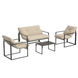 Salon de jardin extérieur 4 pièces avec coussins ultra-épais 15cm - ensemble mobilier de jardin et salon bas pour terrasse - canapé 2 places avec table basse et 2 fauteuils, cadre acier noir