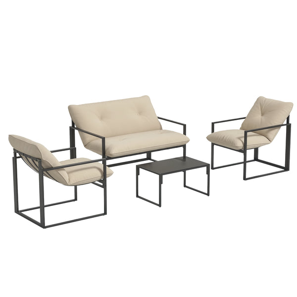 Salon de jardin extérieur 4 pièces avec coussins ultra-épais 15cm - ensemble mobilier de jardin et salon bas pour terrasse - canapé 2 places avec table basse et 2 fauteuils, cadre acier noir