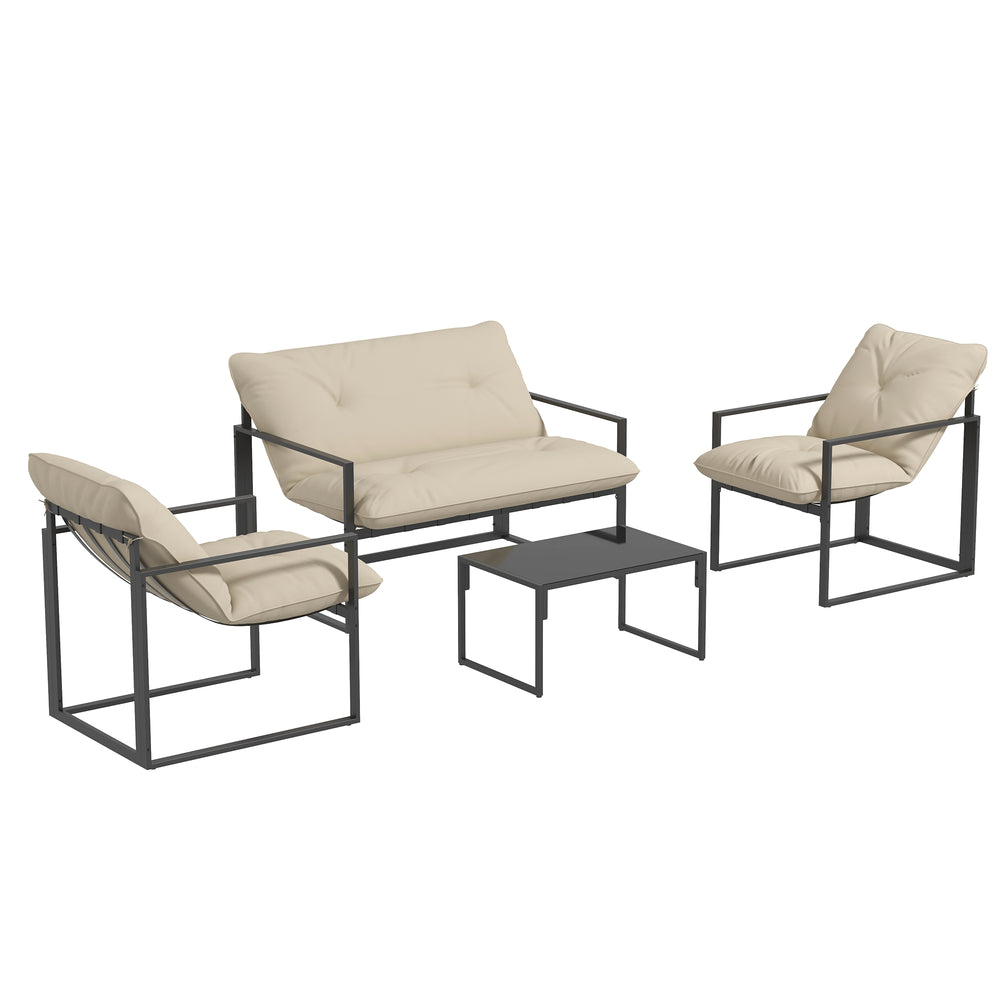 Salon de jardin extérieur 4 pièces avec coussins ultra-épais 15cm - ensemble mobilier de jardin et salon bas pour terrasse - canapé 2 places avec table basse et 2 fauteuils, cadre acier noir