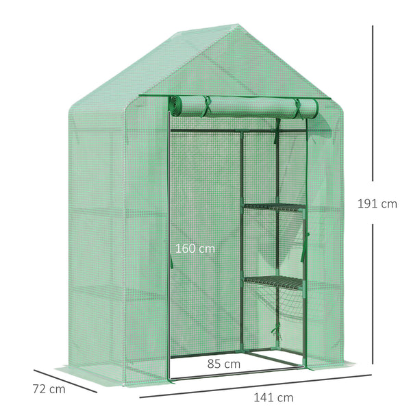 Serre de Jardin avec Étagères 3 Niveaux, Petite Serre de Balcon en Bâche PE 140 g/㎡ Renforcée et Châssis Acier, pour Légumes et Fleurs, Intérieur et Extérieur, 141 x 72 x 191 cm, Vert