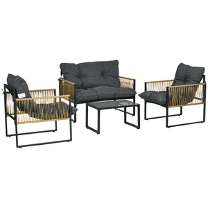Salon de jardin extérieur 4 pièces mobilier de jardin canapé 2 places 2 fauteuils et 1 table basse plateau verre trempé 3 coussins acier et résine tressée - gris