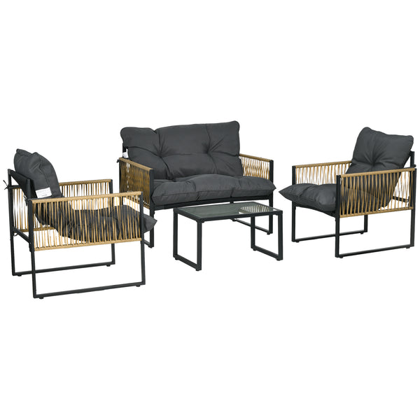 Salon de jardin extérieur 4 pièces mobilier de jardin canapé 2 places 2 fauteuils et 1 table basse plateau verre trempé 3 coussins acier et résine tressée - gris