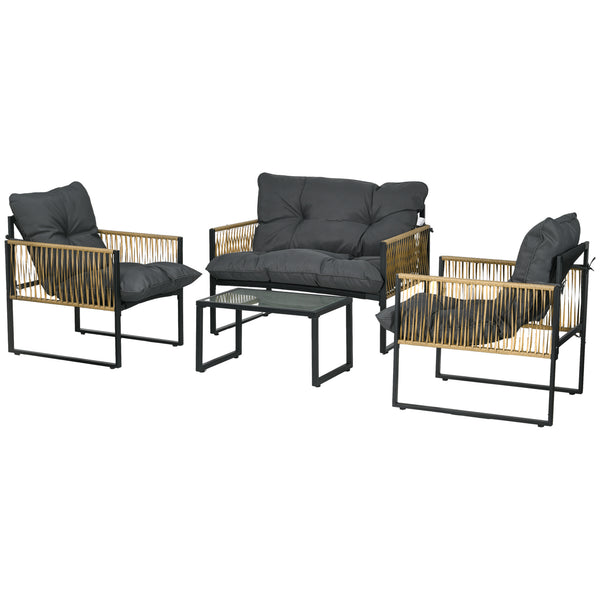 Salon de jardin extérieur 4 pièces mobilier de jardin canapé 2 places 2 fauteuils et 1 table basse plateau verre trempé 3 coussins acier et résine tressée - gris