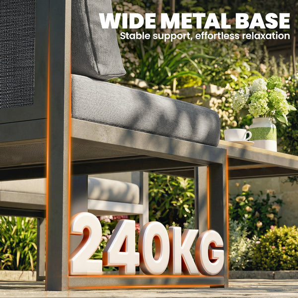 Salon de jardin extérieur d'angle modulable 6 personnes, canapés, table basse à lattes effet bois, coussins, structure en métal et textileline, mobilier de jardin terrasse balcon, gris foncé