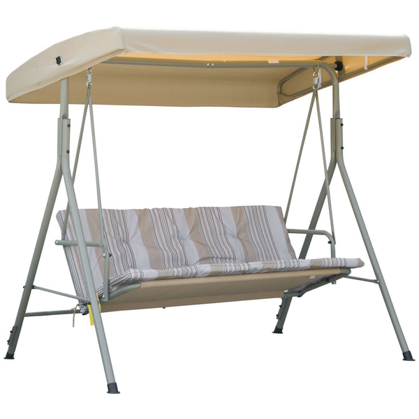 Balancelle de Jardin 3 Places Grand Confort Toit Inclinaison réglable épais Coussins Amovibles Polyester Acier époxy marron clair