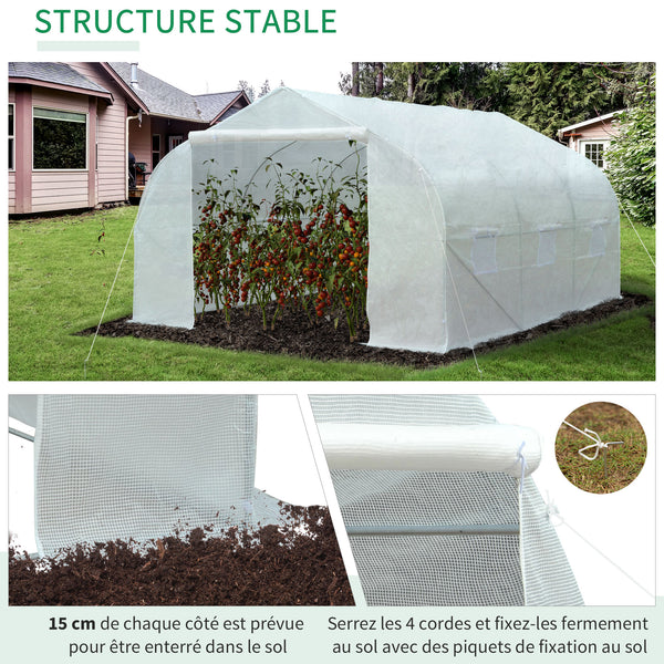 Serre Tunnel de Jardin 13,31 m² dim. 4,5L x 3l x 2H m Porte + 6 fenêtres enroulables Acier galvanisé bâche PE Haute densité Blanc
