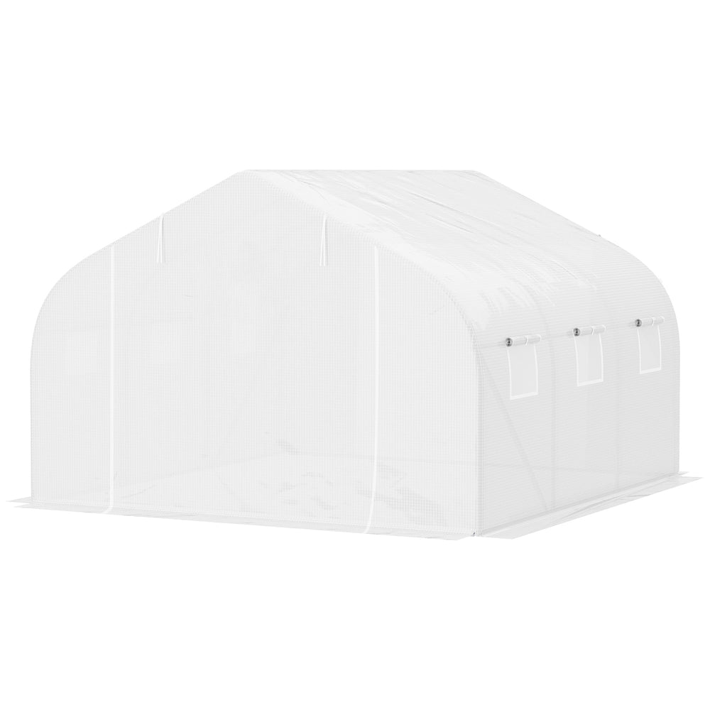 Serre Tunnel de Jardin 13,31 m² dim. 4,5L x 3l x 2H m Porte + 6 fenêtres enroulables Acier galvanisé bâche PE Haute densité Blanc