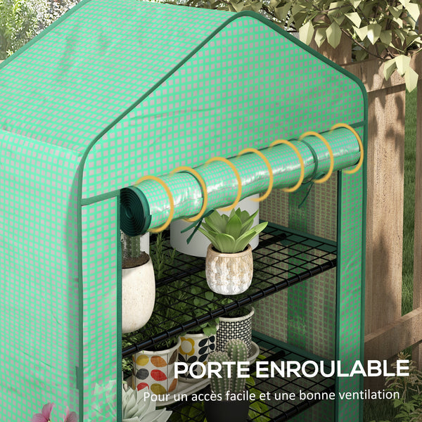 Serre de jardin PE avec étagères 4 niveaux, serre de balcon, bâche renforcée 135 g/m², châssis en acier, porte zippée enroulable, pour légumes plantes fleurs, 90 x 49 x 160 cm, vert