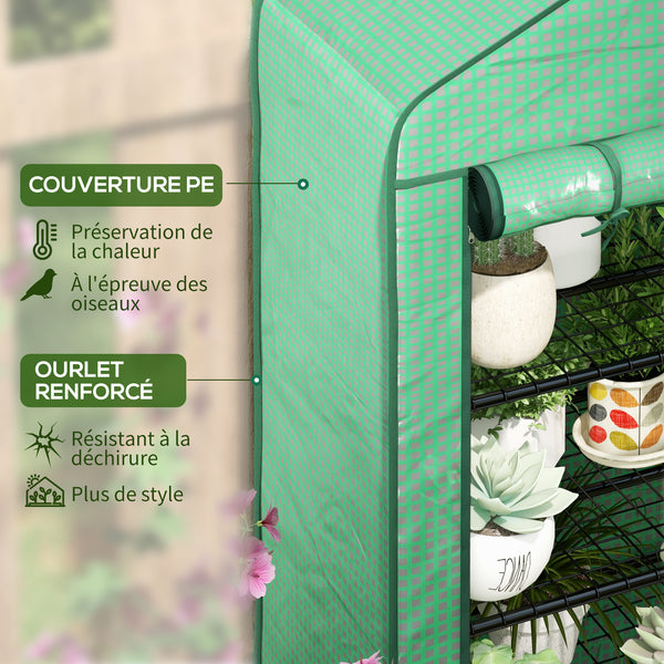 Serre de jardin PE avec étagères 4 niveaux, serre de balcon, bâche renforcée 135 g/m², châssis en acier, porte zippée enroulable, pour légumes plantes fleurs, 90 x 49 x 160 cm, vert