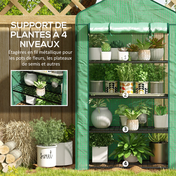 Serre de jardin PE avec étagères 4 niveaux, serre de balcon, bâche renforcée 135 g/m², châssis en acier, porte zippée enroulable, pour légumes plantes fleurs, 90 x 49 x 160 cm, vert
