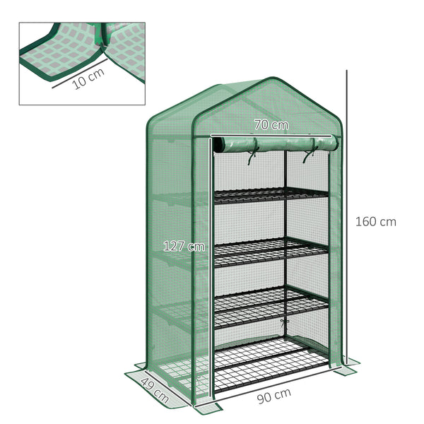 Serre de jardin PE avec étagères 4 niveaux, serre de balcon, bâche renforcée 135 g/m², châssis en acier, porte zippée enroulable, pour légumes plantes fleurs, 90 x 49 x 160 cm, vert