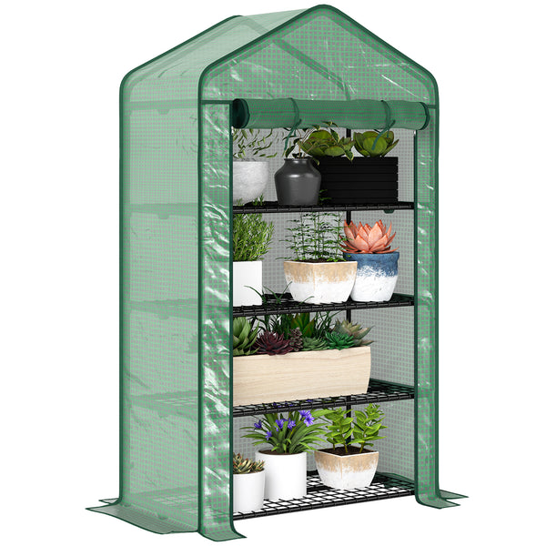 Serre de jardin PE avec étagères 4 niveaux, serre de balcon, bâche renforcée 135 g/m², châssis en acier, porte zippée enroulable, pour légumes plantes fleurs, 90 x 49 x 160 cm, vert