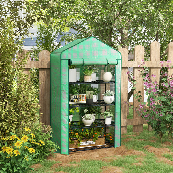 Serre de jardin PE avec étagères 4 niveaux, serre de balcon, bâche renforcée 135 g/m², châssis en acier, porte zippée enroulable, pour légumes plantes fleurs, 90 x 49 x 160 cm, vert