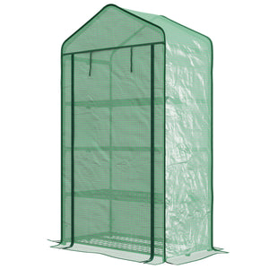Serre de jardin PE avec étagères 4 niveaux, serre de balcon, bâche renforcée 135 g/m², châssis en acier, porte zippée enroulable, pour légumes plantes fleurs, 90 x 49 x 160 cm, vert