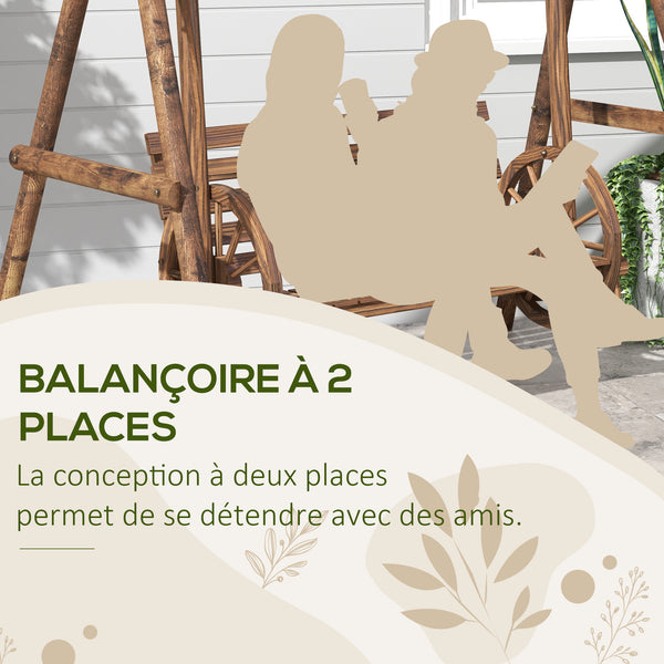 Balancelle de jardin 2 places en bois avec accoudoirs Roues Charrette pour le jardin - dim. 200L x 137l x 167H cm