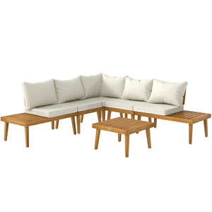 Salon de jardin extérieur d'angle 5 places modulable en bois d'acacia avec canapés et table basse, plateau à lattes et coussins inclus, mobilier de jardin terrasse véranda, crème