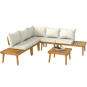 Salon de jardin extérieur d'angle 5 places modulable en bois d'acacia avec canapés et table basse, plateau à lattes et coussins inclus, mobilier de jardin terrasse véranda, crème