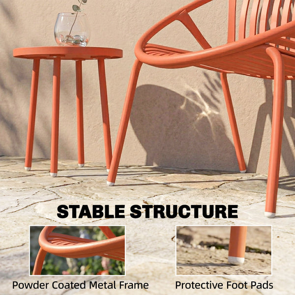 Salon de Jardin 3 Pièces en Acier et Polypropylène - Ensemble Bistro avec Table Basse à Plateau Concave - Mobilier Extérieur Design pour Terrasse, Balcon et Piscine, Rouge Brique