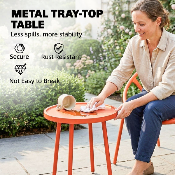 Salon de Jardin 3 Pièces en Acier et Polypropylène - Ensemble Bistro avec Table Basse à Plateau Concave - Mobilier Extérieur Design pour Terrasse, Balcon et Piscine, Rouge Brique