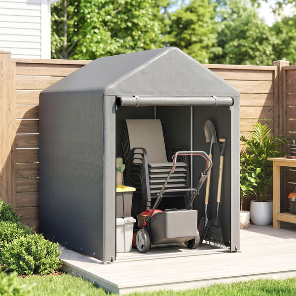 Abri de Jardin avec 2 Compartiments, Tente de Stockage Imperméable, Abri Moto, Porte Enroulable à Fermeture Éclair, Garage pour Vélo, Outils, Moto, Bois, 120x179x165cm, Gris Clair