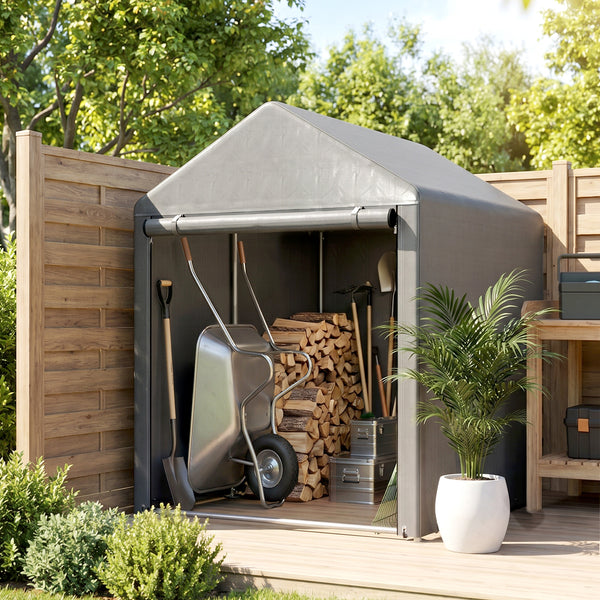Abri de Jardin avec 2 Compartiments, Tente de Stockage Imperméable, Abri Moto, Porte Enroulable à Fermeture Éclair, Garage pour Vélo, Outils, Moto, Bois, 120x179x165cm, Gris Clair