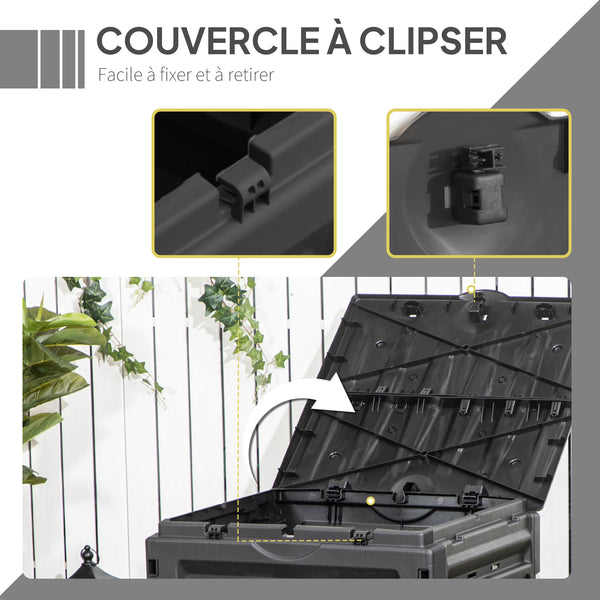 Composteur de jardin 450 L, bac composteur pour jardin en polypropylène, 80 aérations et 2 portes coulissantes, léger et robuste, noir