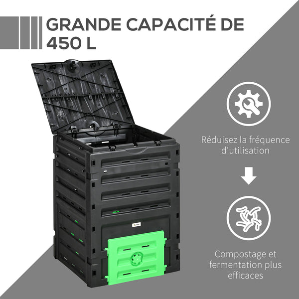 Composteur de jardin 450 L, bac composteur pour jardin en polypropylène, 80 aérations et 2 portes coulissantes, léger et robuste, noir