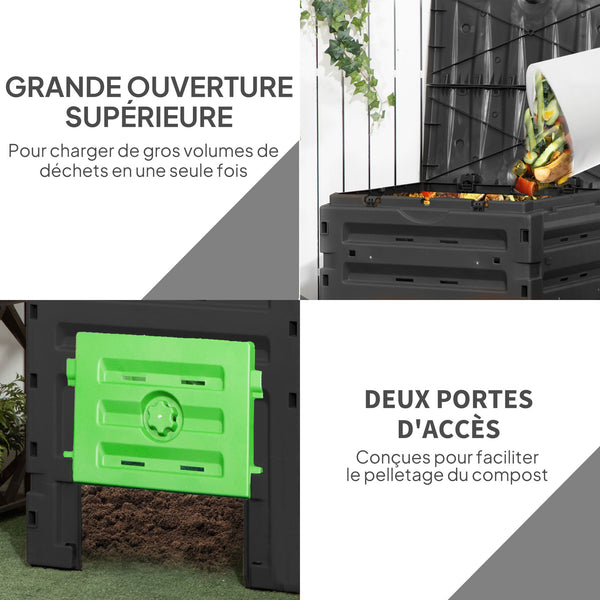 Composteur de jardin 450 L, bac composteur pour jardin en polypropylène, 80 aérations et 2 portes coulissantes, léger et robuste, noir