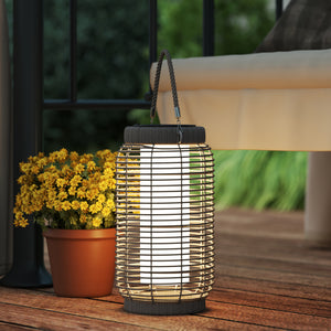 Lampadaire d'extérieur solaire lampe de jardin sur pied en résine tressée luminaire LED de jardin en acier marche/arrêt automatique Ø18 x 37 cm gris