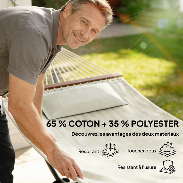 Hamac sur pied avec oreiller, hamac avec support acier, avec barres d'écartement, pour camping en plein air, plage, crème