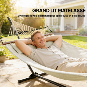 Hamac sur pied avec oreiller, hamac avec support acier, avec barres d'écartement, pour camping en plein air, plage, crème