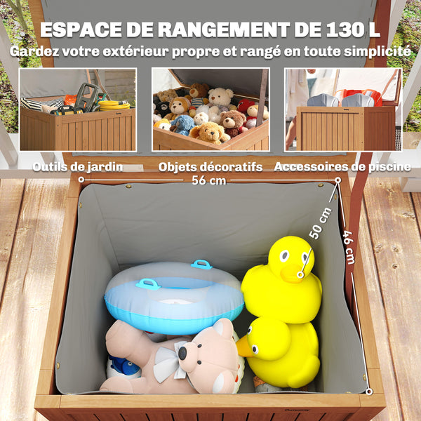 Coffre de Rangement en Bois Massif 130L - Boîte de Jardin avec Doublure Amovible - Banc de Rangement pour Coussins et Outils sur Terrasse Balcon 63x51x58,5cm, Brun
