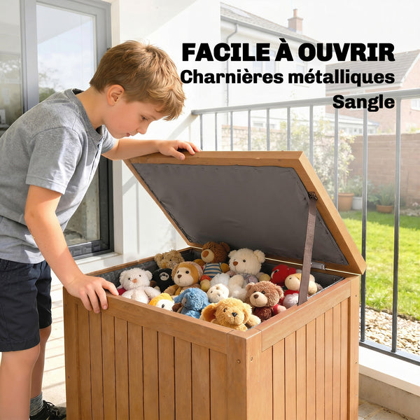 Coffre de Rangement en Bois Massif 130L - Boîte de Jardin avec Doublure Amovible - Banc de Rangement pour Coussins et Outils sur Terrasse Balcon 63x51x58,5cm, Brun