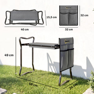 Tabouret de Jardin Pliable 2 en 1 - Agenouilloir de Jardin en Acier, Robuste, Coussin en Mousse EVA, 4 Poches à Outils Amovible - Cadeau pour Personnes Âgées, Charge 150kg, Gris